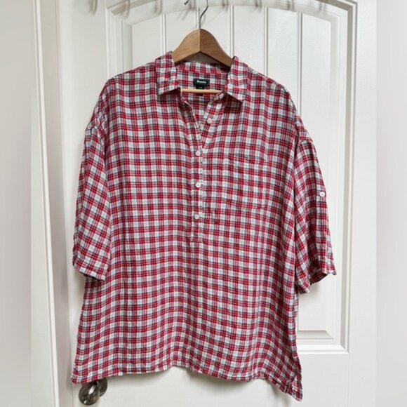 Roots 100% Linen Red, Blue, White Check Half Button Adjtable Sleeve Shirt. L - Picture 2 of 7